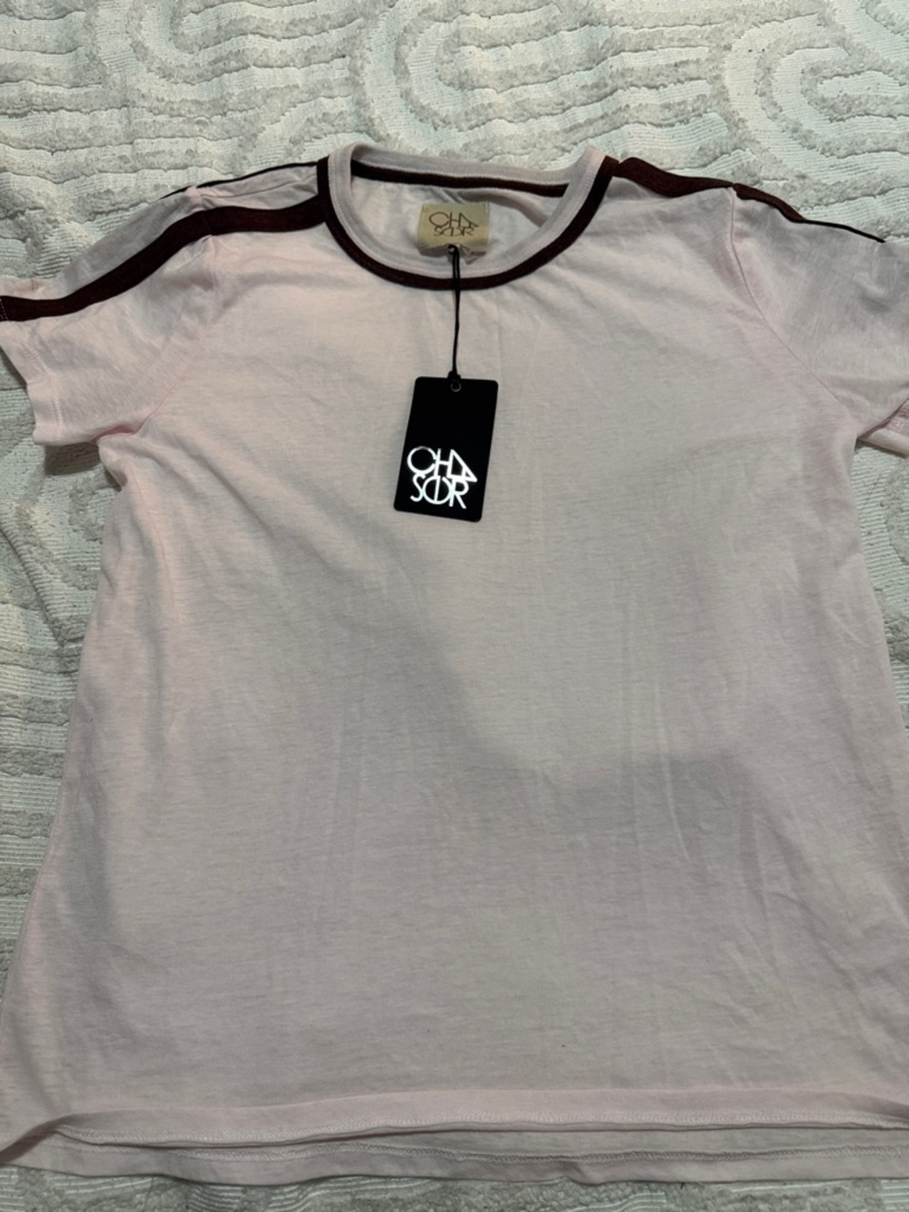 CHASER Light Pearl Pink Brown Stripe Blocked Lightweight Jersey Short Sleeve Tee
